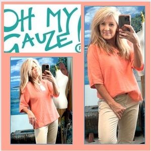 Oh My Gauze! Coral Lagenlook Pull-On Blouse, Diamond Hole Cut-Out, EUC, Size 1